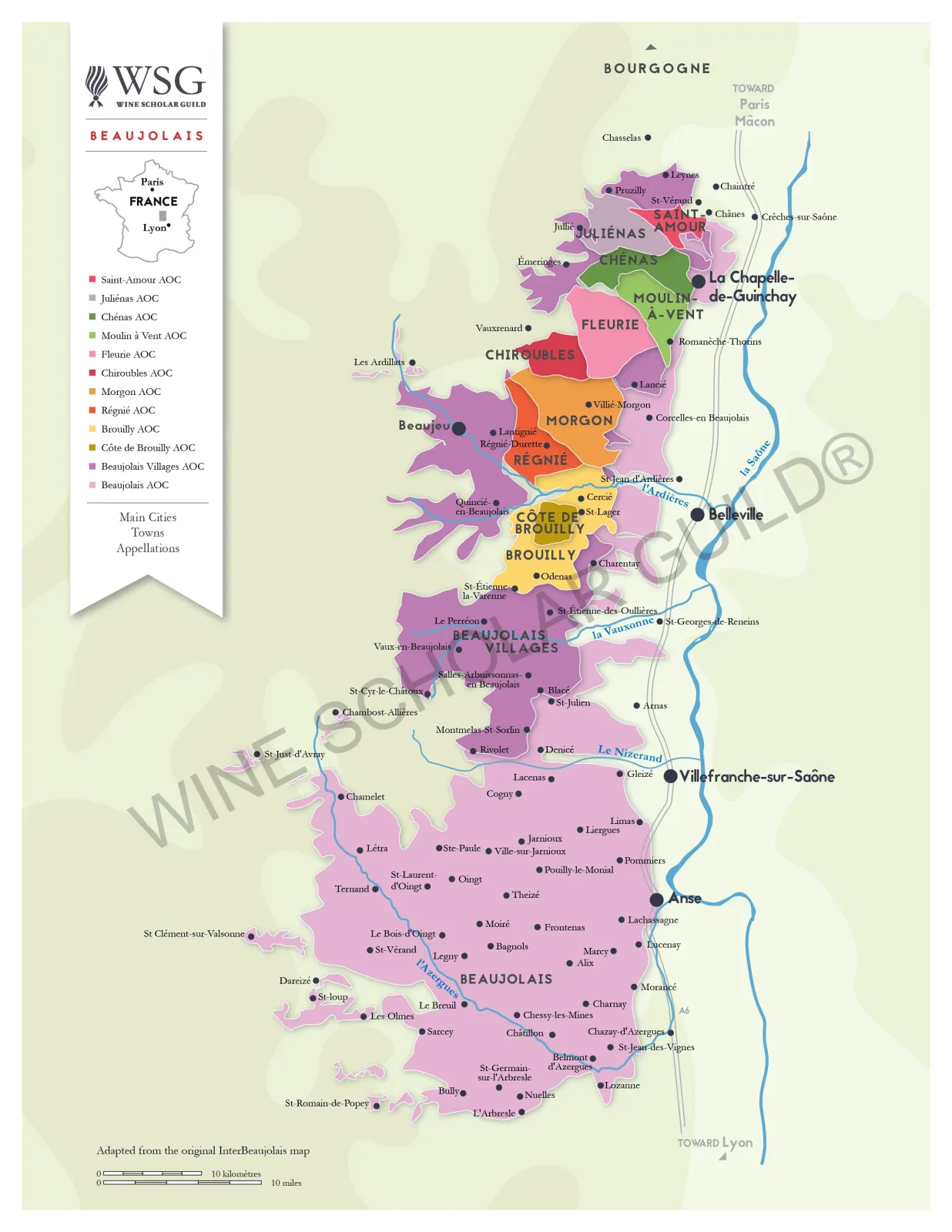 Beaujolais Wine Map by Wine Scholar Guild Beaujolais wine region map highlighting vineyards and villages across the ten Beaujolais Crus, including Morgon, Fleurie, and Brouilly.