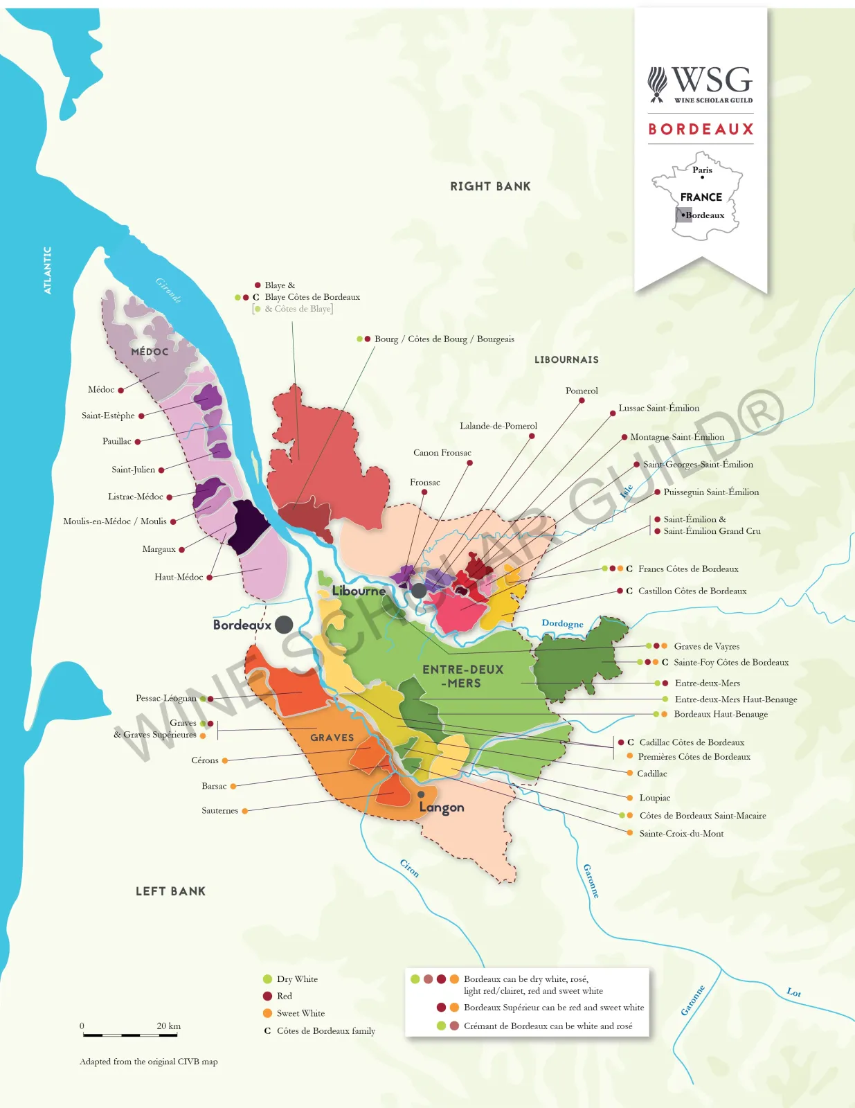 Detailed Bordeaux wine map illustrating Left Bank and Right Bank vineyards, appellations such as Médoc, Saint-Émilion, Pomerol, and Graves, with key wine estates and châteaux.