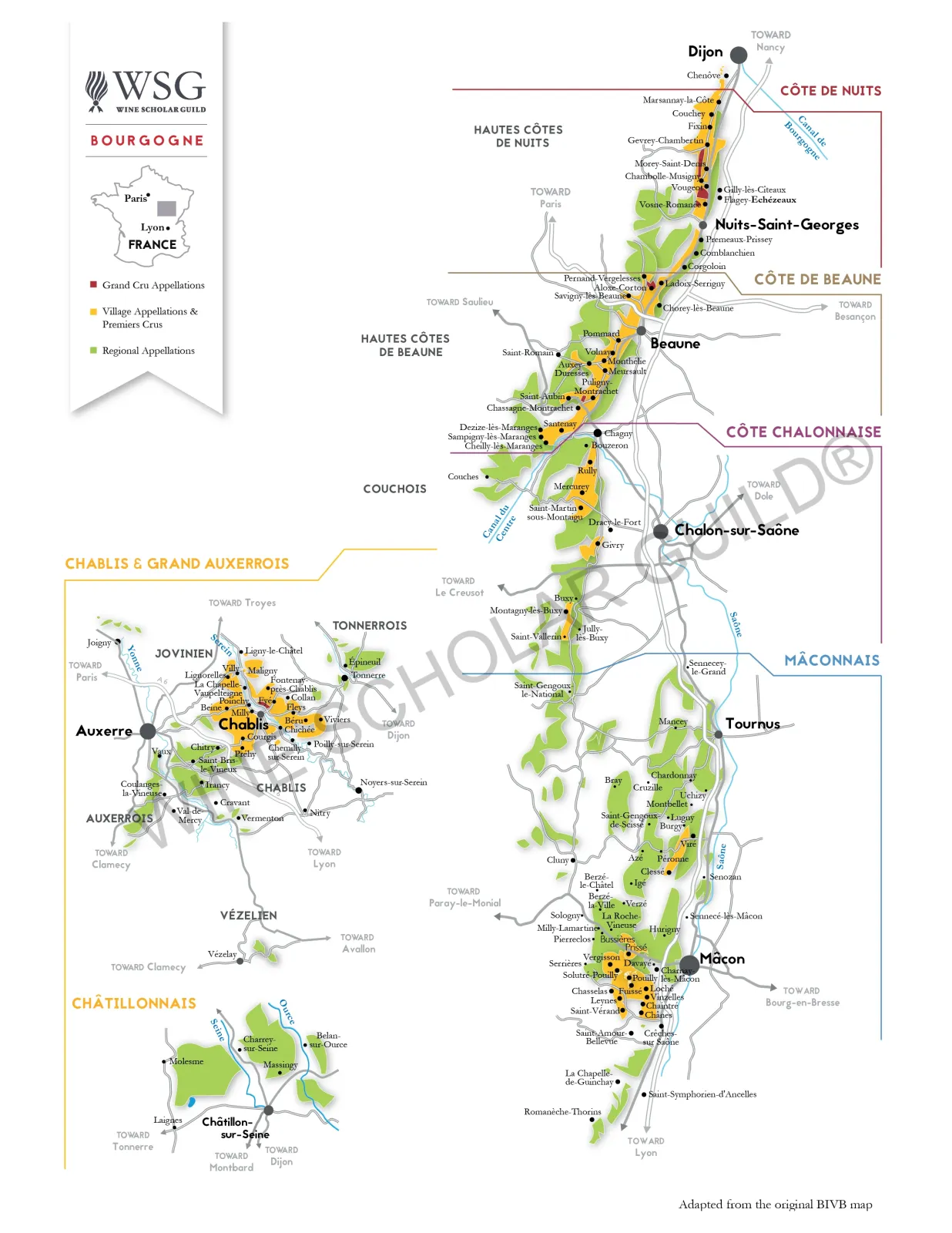 Burgundy wine map highlighting vineyards and appellations from Chablis to the Côte d’Or, Côte Chalonnaise, and Mâconnais.