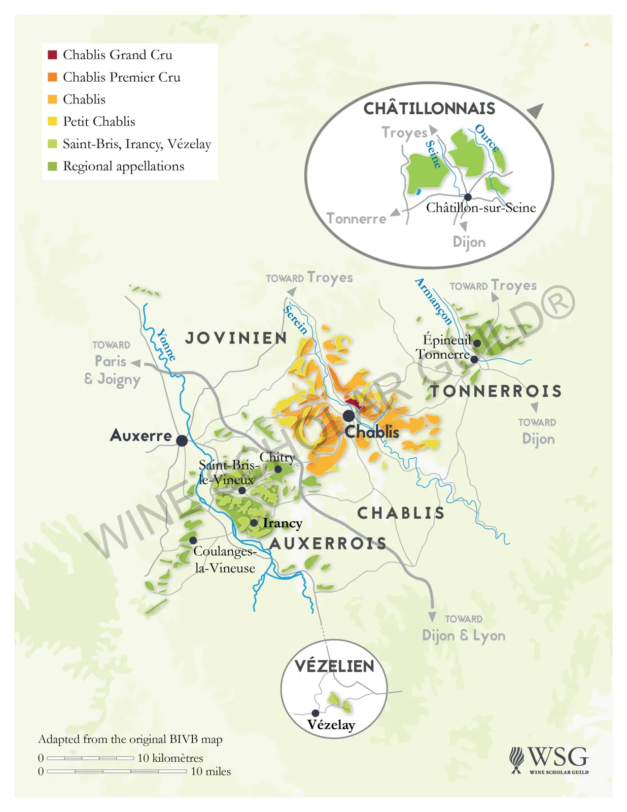 Chablis wine map showing vineyards and appellations including Petit Chablis, Chablis, Premier Cru, and Grand Cru sites in northern Burgundy.