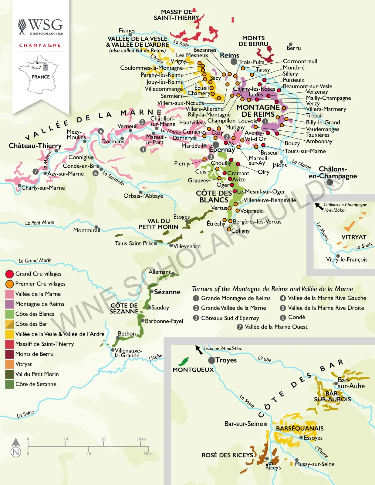 Champagne wine region map highlighting Montagne de Reims, Vallée de la Marne, Côte des Blancs, and Aube vineyards.