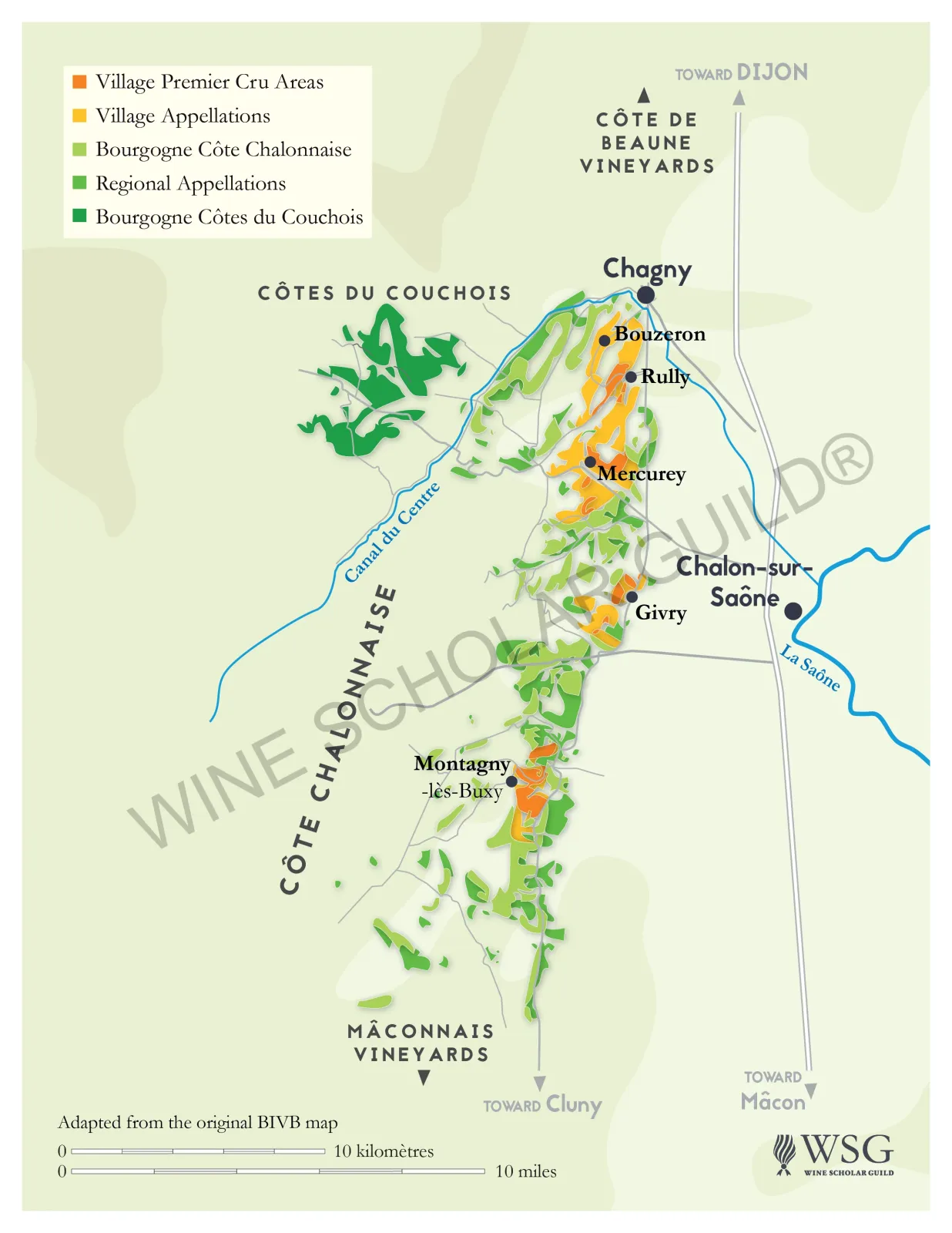 Côte Chalonnaise wine map highlighting appellations and vineyards in Mercurey, Rully, Givry, Montagny, and Bouzeron.