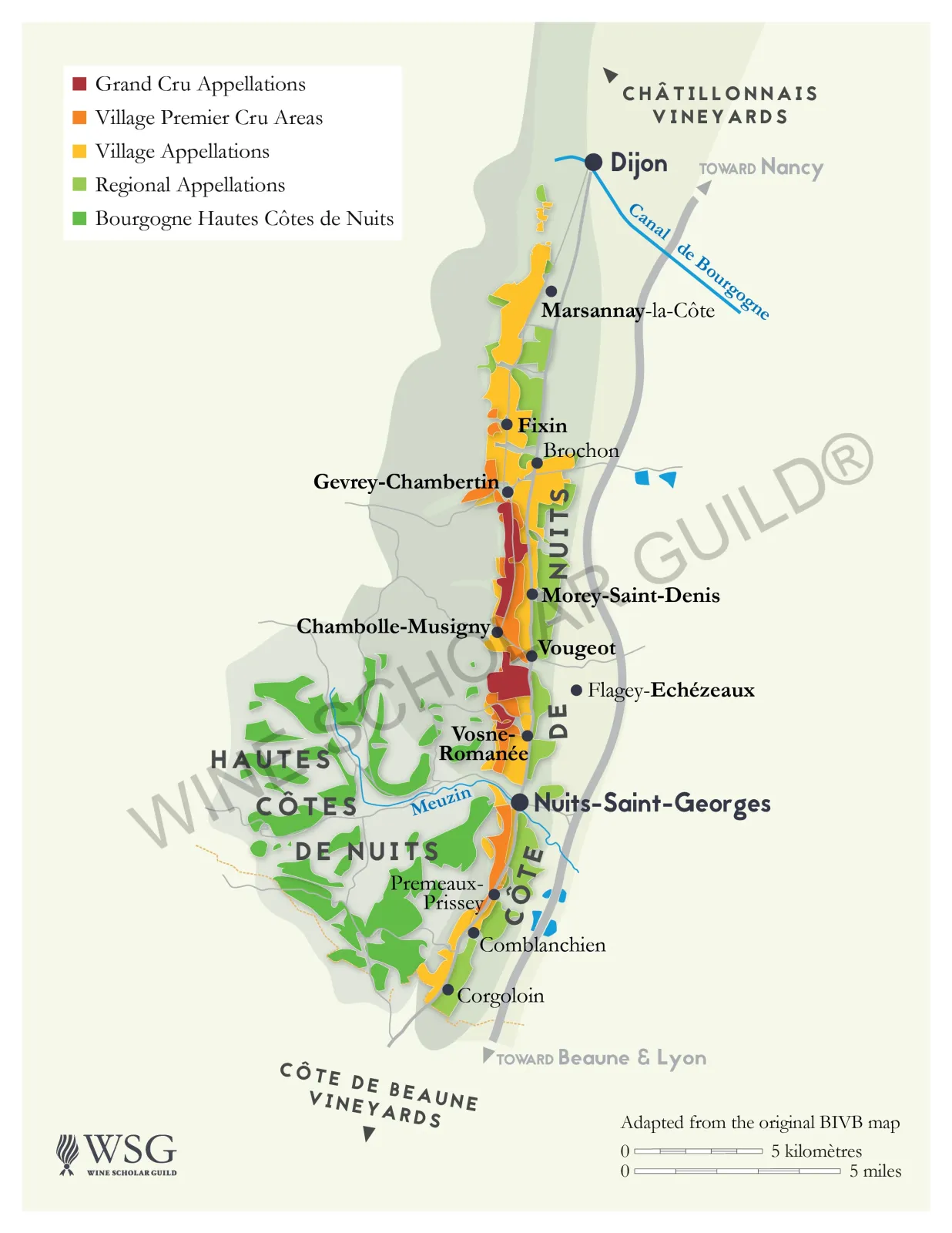 Côte de Nuits wine region map highlighting vineyards and famous villages such as Gevrey-Chambertin, Vosne-Romanée, and Nuits-Saint-Georges.