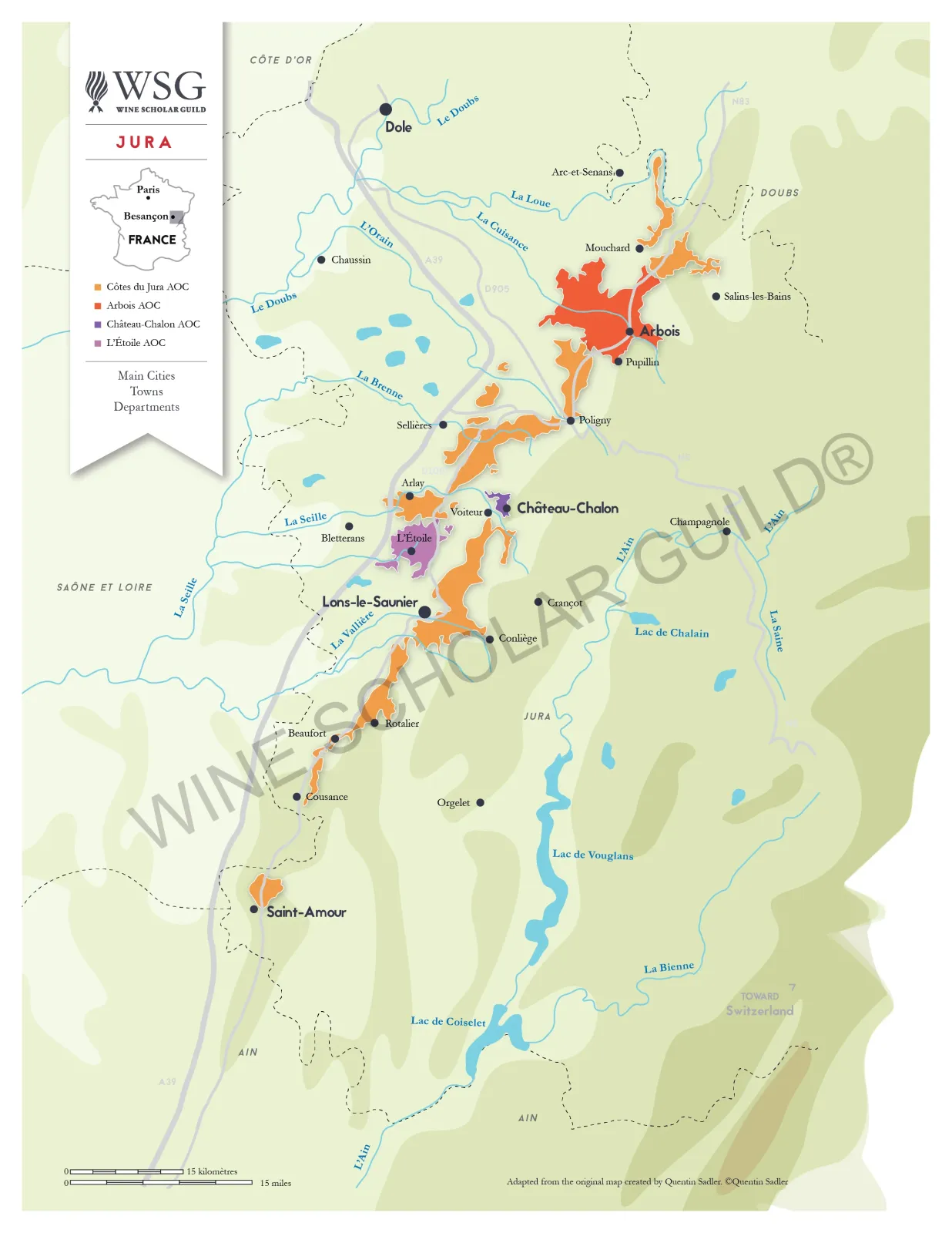 Jura wine map showing vineyards and appellations including Arbois, Château-Chalon, and Côtes du Jura.