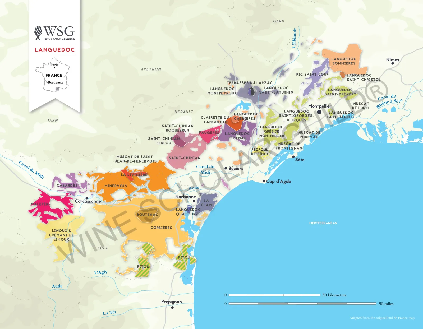 Languedoc Roussillon Wine Map by Wine Scholar Guild Languedoc-Roussillon wine map showing vineyards and appellations across Minervois, Corbières, and Roussillon.