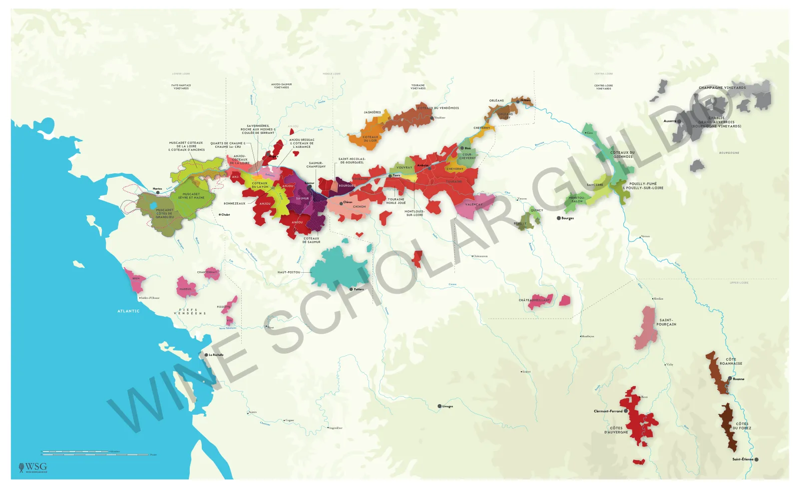 Loire Valley Wine Map by Wine Scholar Guild Loire Valley wine map featuring vineyards and appellations including Muscadet, Vouvray, Chinon, and Sancerre.