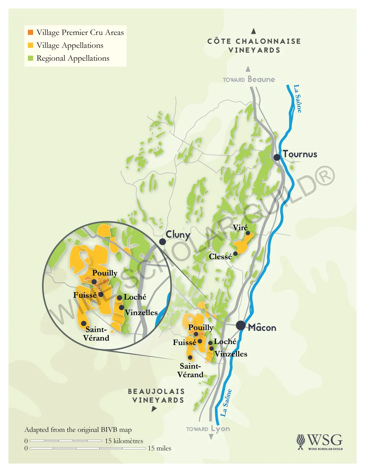 Mâconnais wine map featuring appellations and vineyards in Pouilly-Fuissé, Saint-Véran, and Mâcon.