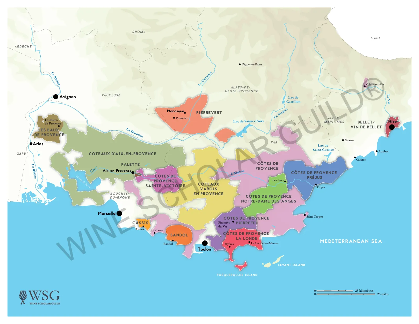 Provence Wine Map by Wine Scholar Guild Provence wine map showing vineyards and appellations including Côtes de Provence, Bandol, and Cassis.
