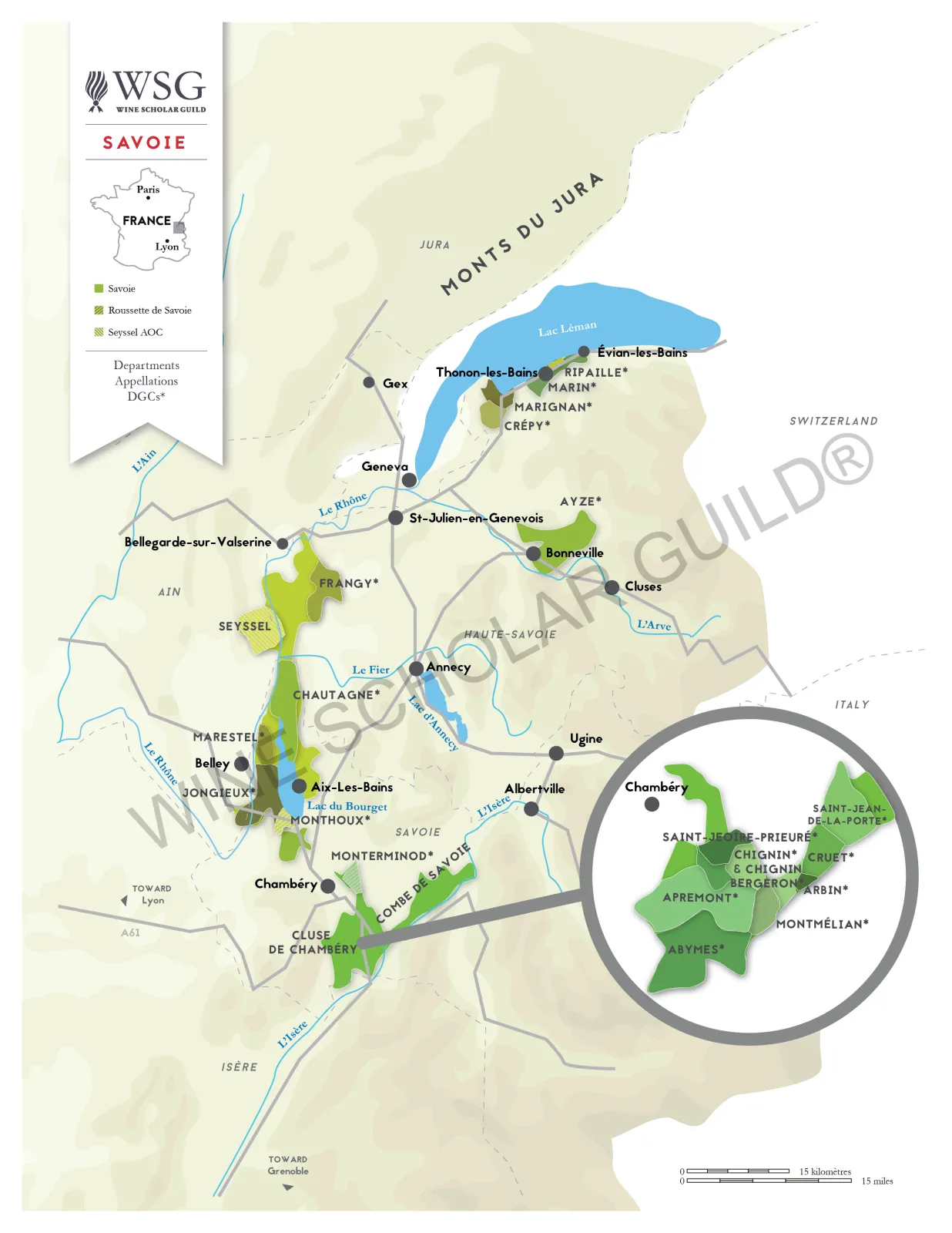 Savoie Wine Map by Wine Scholar Guild Savoie wine map featuring vineyards and appellations such as Chignin, Roussette de Savoie, and Apremont.