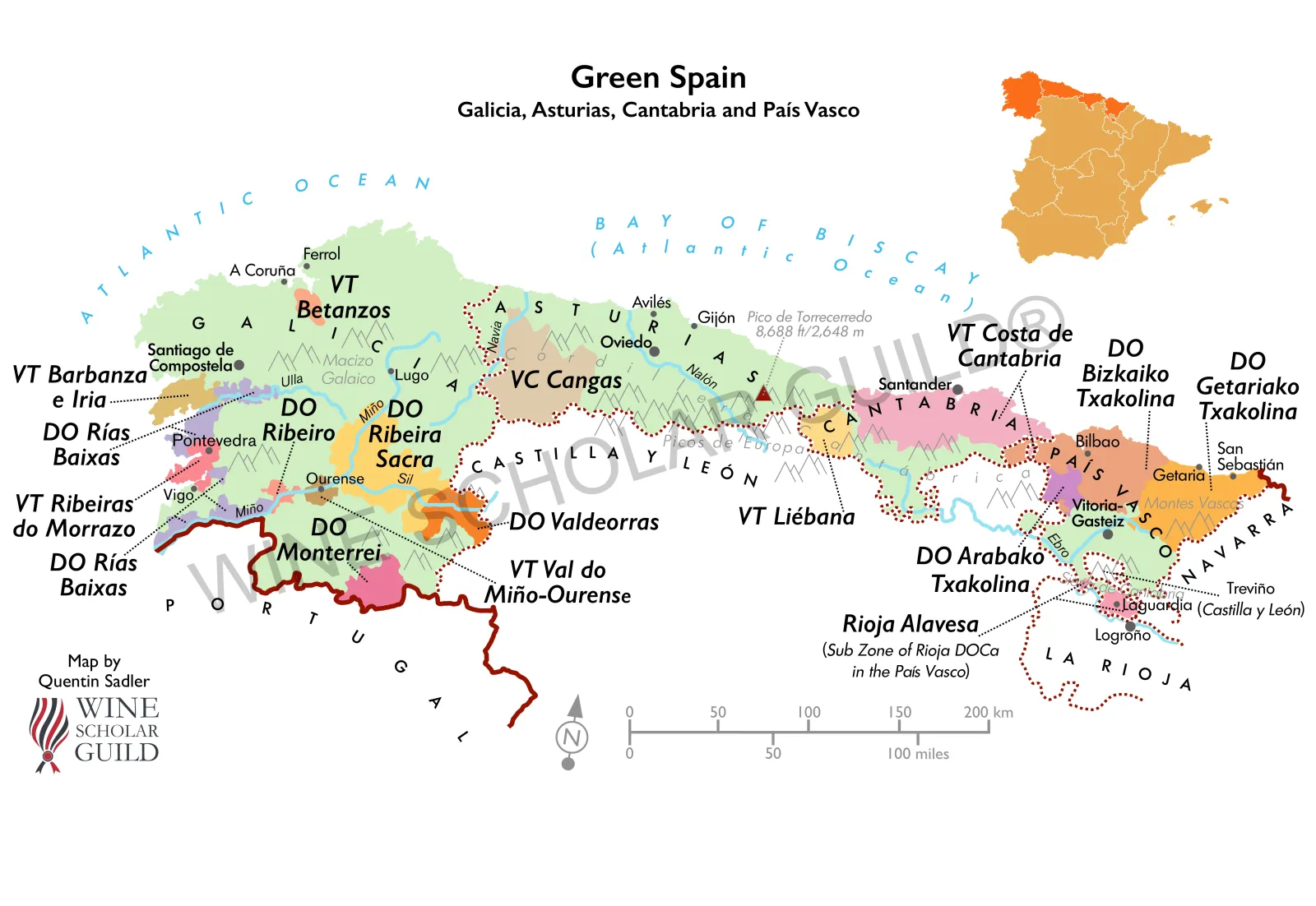 Green Spain wine map showing vineyards and appellations in Galicia, Asturias, Cantabria, and the Basque Country, including Rías Baixas, Ribeiro, and Txakoli.