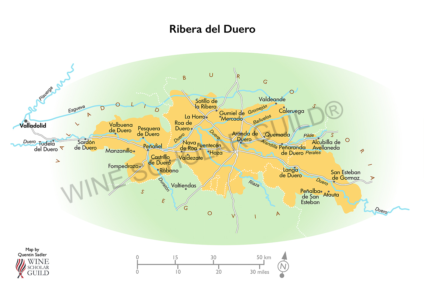 Ribera del Duero wine map highlighting vineyards, wineries, and DO zones across Valladolid, Burgos, Soria, and Segovia.