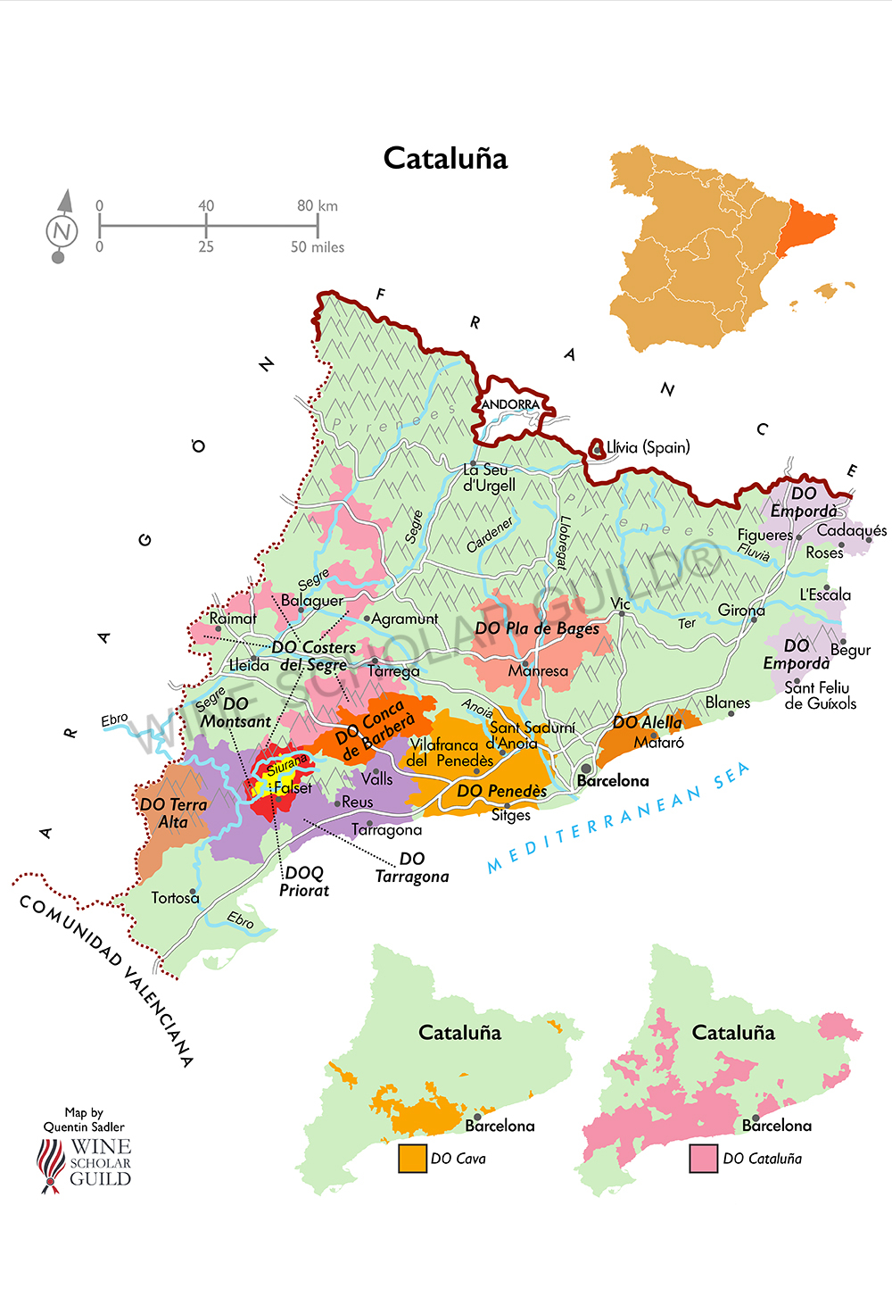 Cataluna Wine Map by Wine Scholar Guild Cataluña wine map highlighting vineyards and DO/DOCa appellations such as Priorat, Montsant, Penedès, and Cava production areas.