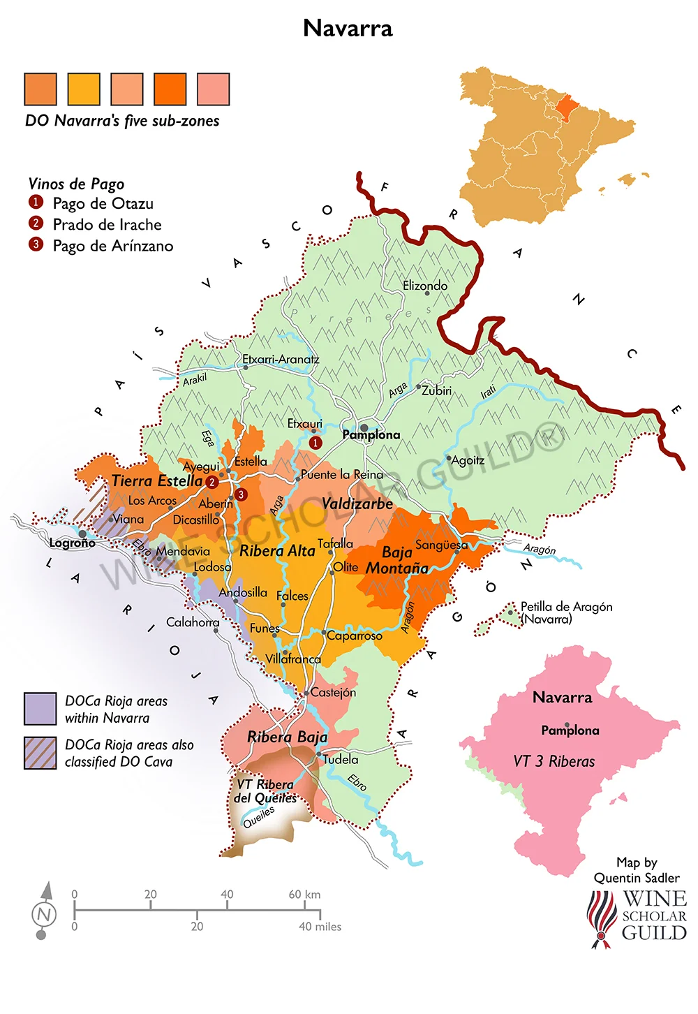 Navarra Wine Map by Wine Scholar Guild Navarra wine map showing vineyards and DO zones from the Pyrenees foothills to the Ebro Valley.