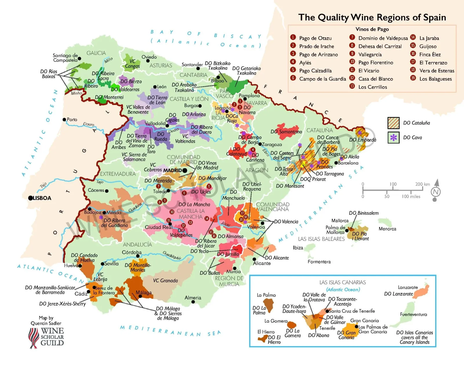 Spain wine regions map highlighting vineyards, DO/DOCa appellations, and key wine areas including Rioja, Ribera del Duero, Priorat, Rías Baixas, and Jerez.