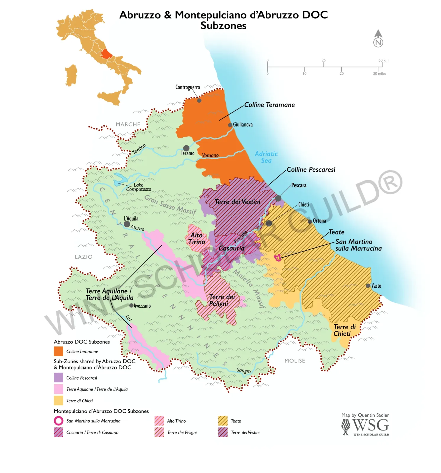 Abruzzo subzones wine map highlighting vineyards in Colline Teramane, Chieti, Pescara, and L’Aquila.