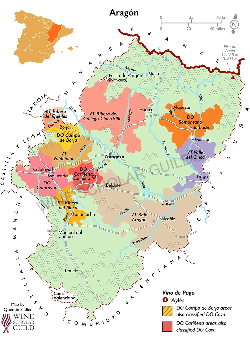Aragón wine map showing vineyards and appellations such as Cariñena, Campo de Borja, Calatayud, and Somontano.