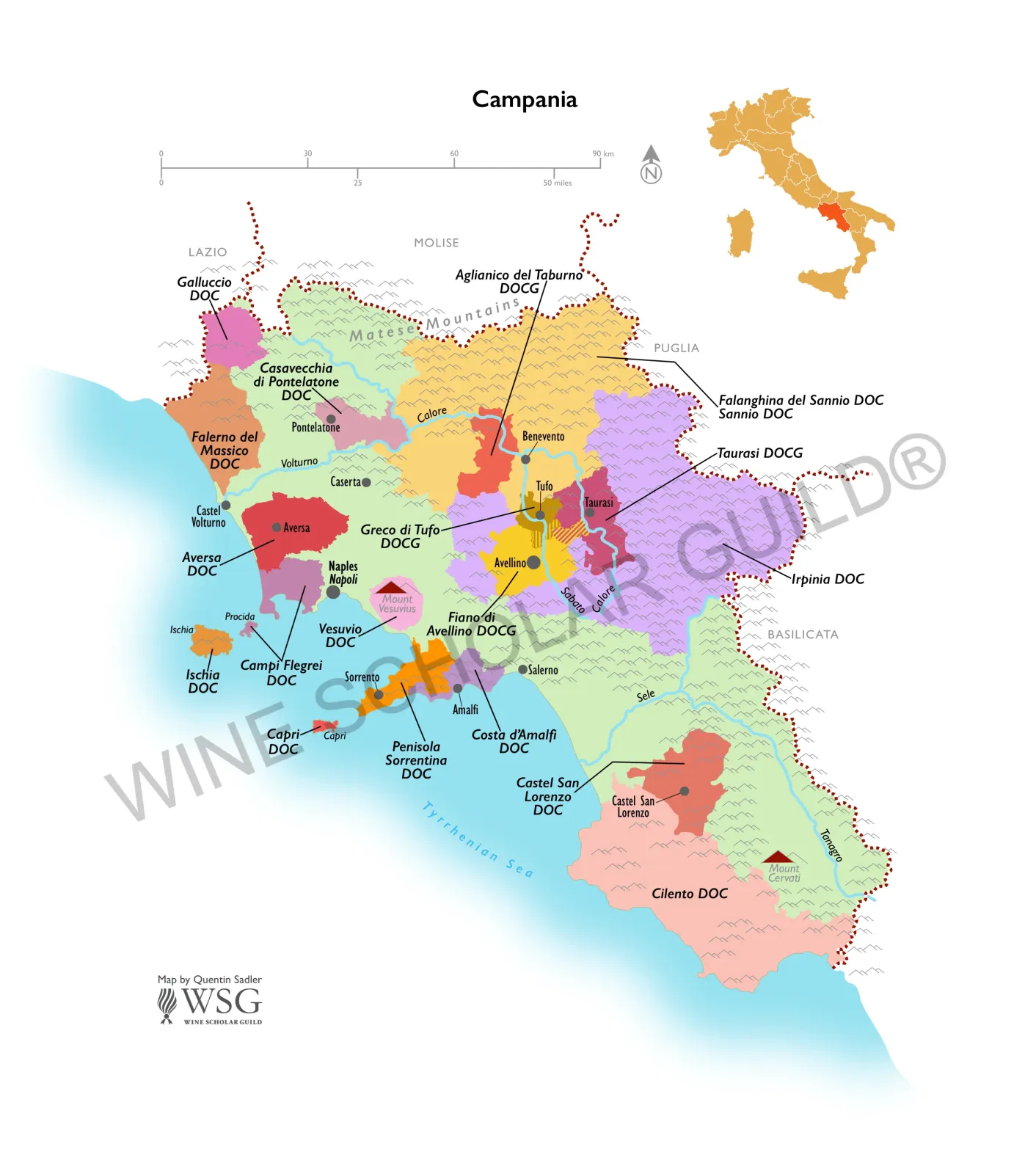 Campania wine map highlighting vineyards and appellations including Taurasi, Greco di Tufo, and Fiano di Avellino.