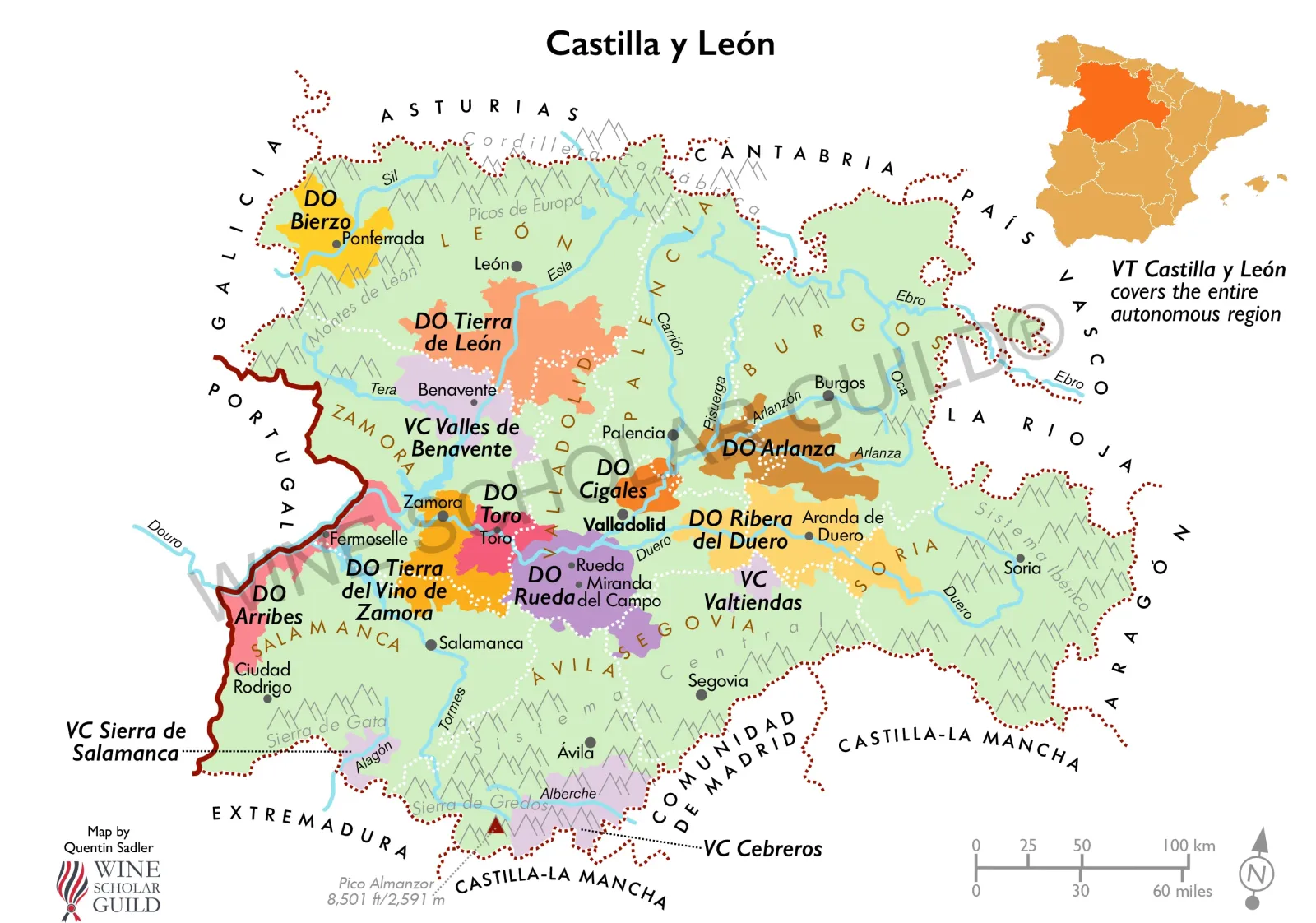 Castilla y León wine map highlighting vineyards and appellations such as Ribera del Duero, Rueda, Toro, and Bierzo.