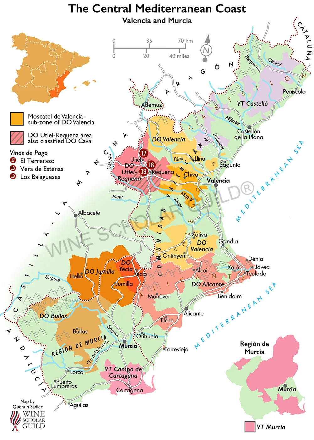Central Mediterranean Coast Wine Map (Valencia and Murcia) by Wine Scholar Guild Central Mediterranean Coast wine map showing vineyards and DO zones including Valencia, Utiel-Requena, Jumilla, and Yecla.