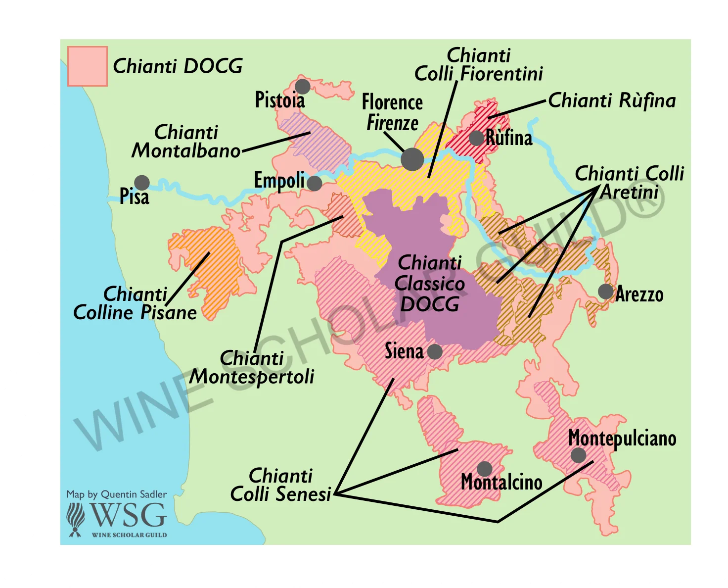 Chianti Wine Map by Wine Scholar Guild Chianti wine map showing vineyards and subzones including Chianti Classico, Rufina, Colli Senesi, and Colli Fiorentini.