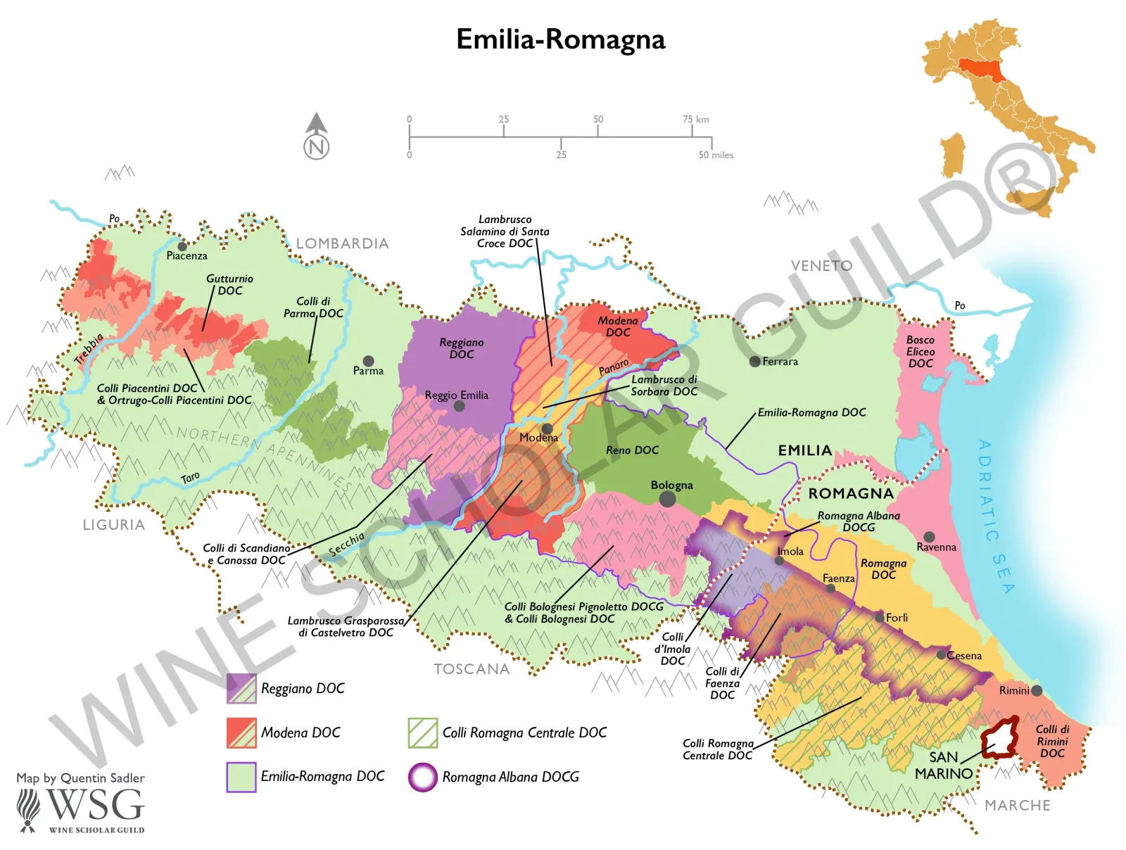 Emilia-Romagna wine map showing vineyards and appellations including Lambrusco, Sangiovese di Romagna, and Albana di Romagna.