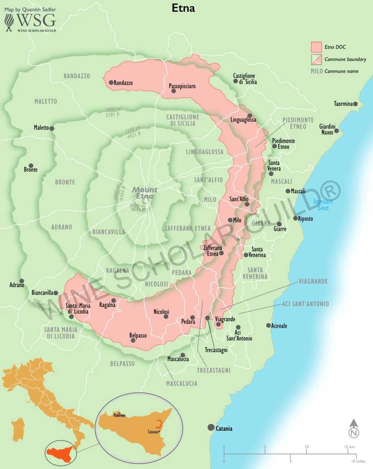 Etna wine map showing vineyards and DOC zones around Mount Etna producing Nerello Mascalese and Carricante wines.