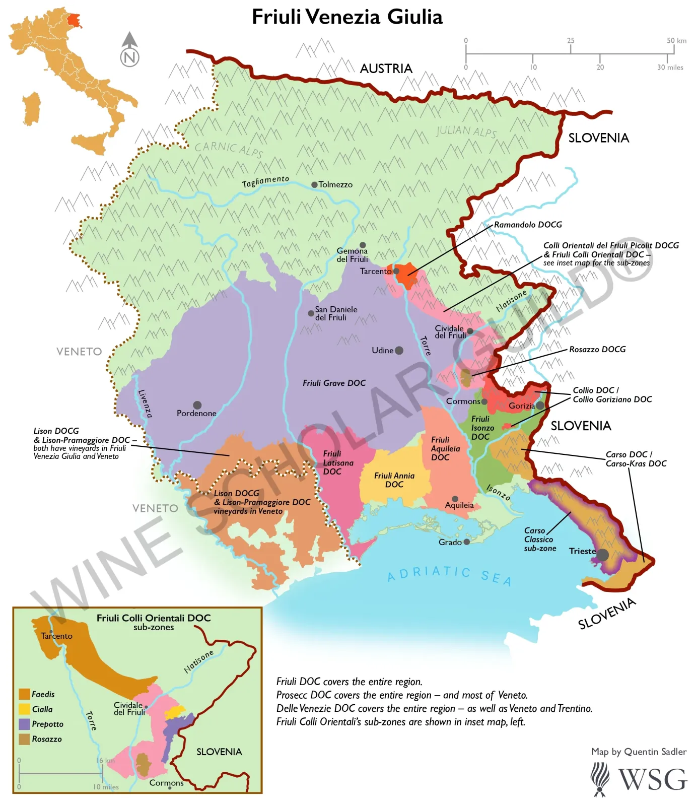 Friuli-Venezia Giulia wine map showing vineyards and appellations including Collio, Friuli Grave, and Colli Orientali del Friuli.