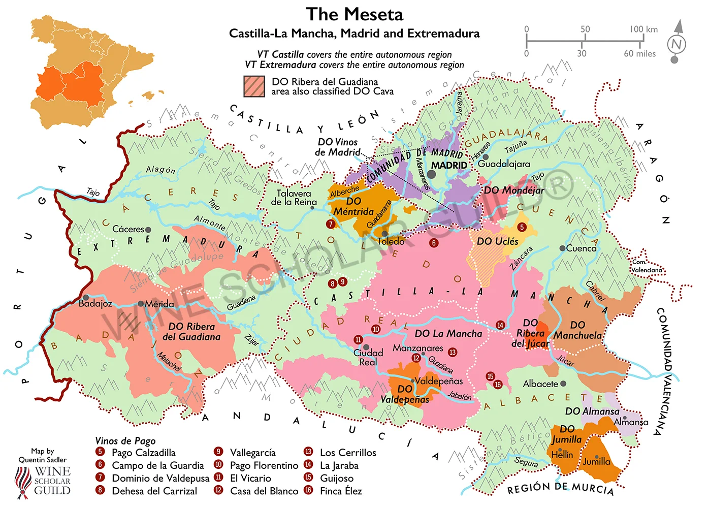 Meseta wine map showing vineyards and DO appellations including La Mancha, Valdepeñas, Almansa, Ribera del Guadiana, and Vinos de Madrid.