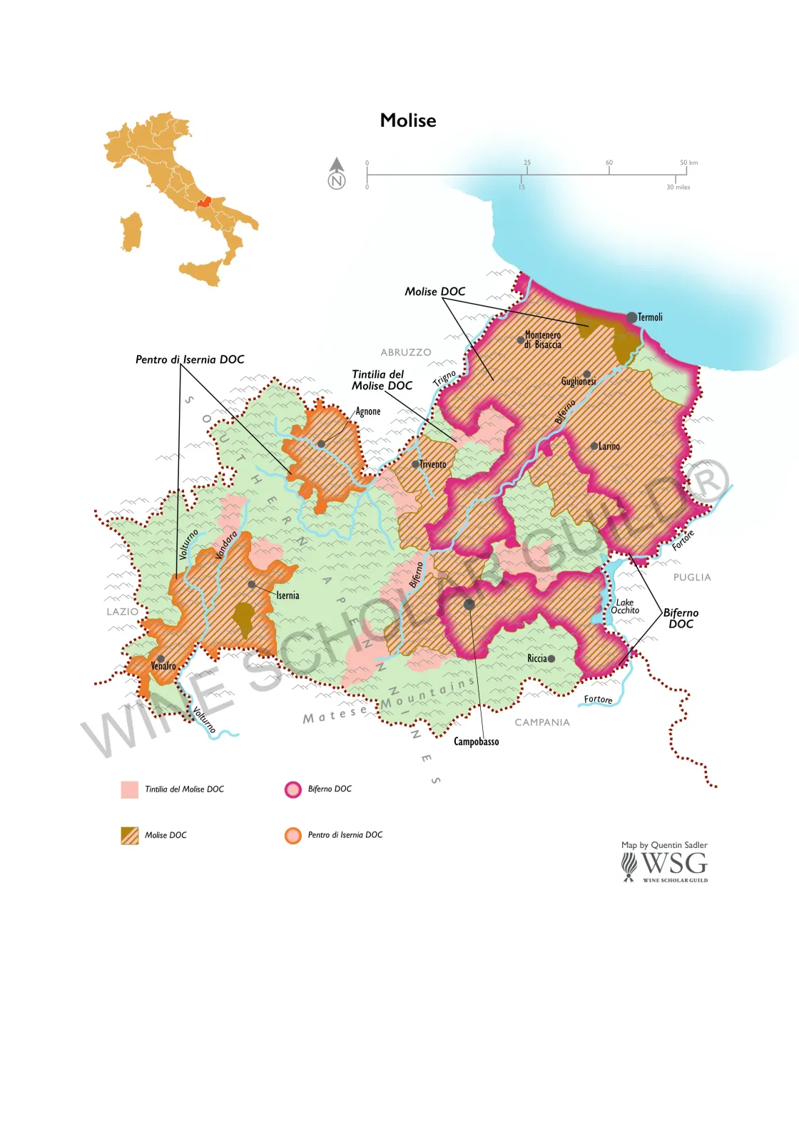 Molise wine map showing vineyards and DOC appellations including Biferno, Pentro di Isernia, and Tintilia del Molise.