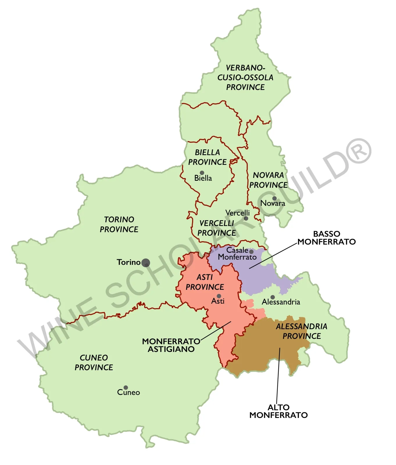Piemonte Monferrato wine map showing vineyards and appellations including Barbera del Monferrato, Grignolino, and Moscato d’Asti.