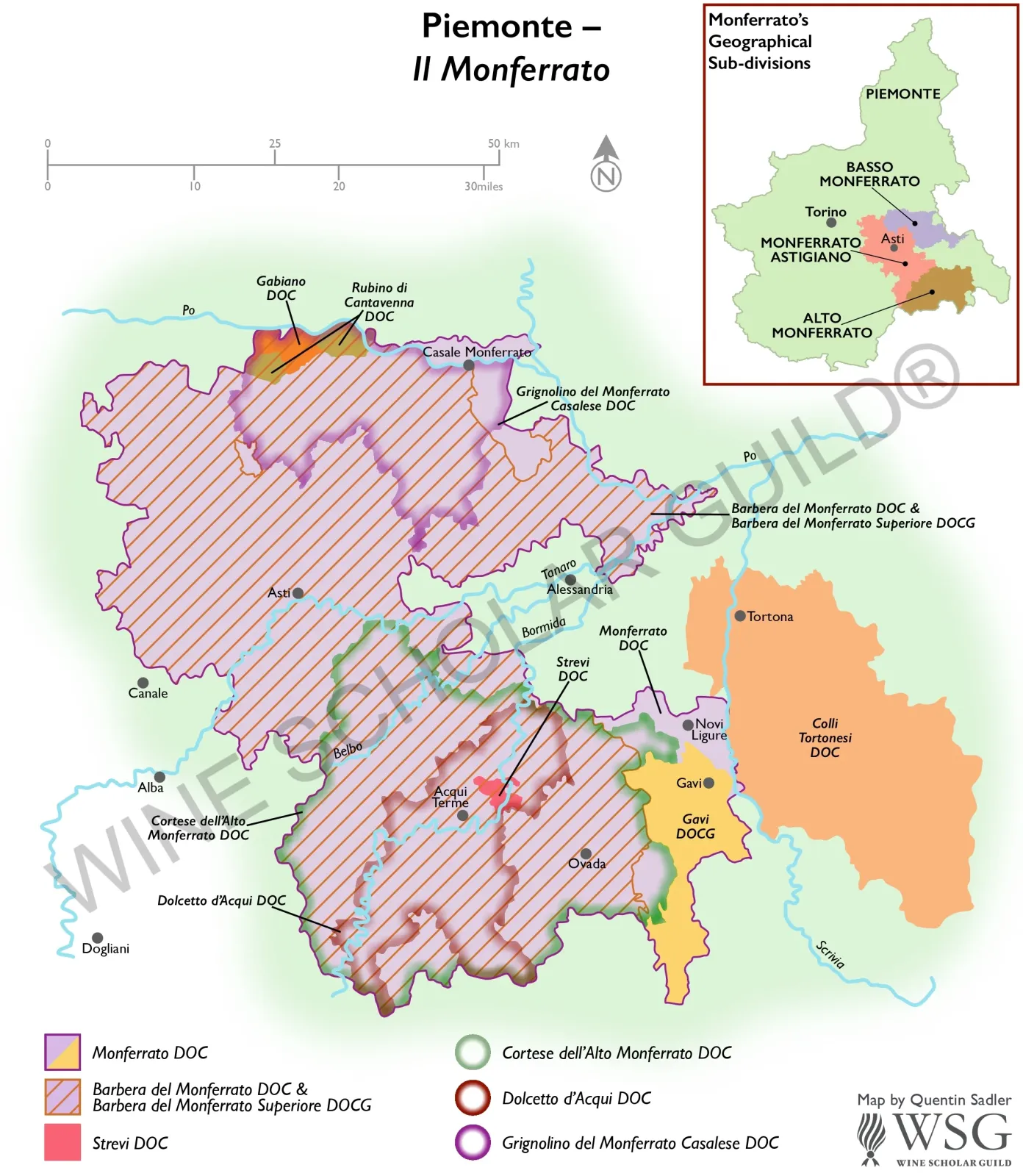 Monferrato wine map highlighting DOC/DOCG vineyards for Barbera, Dolcetto, Grignolino, and Moscato d’Asti.