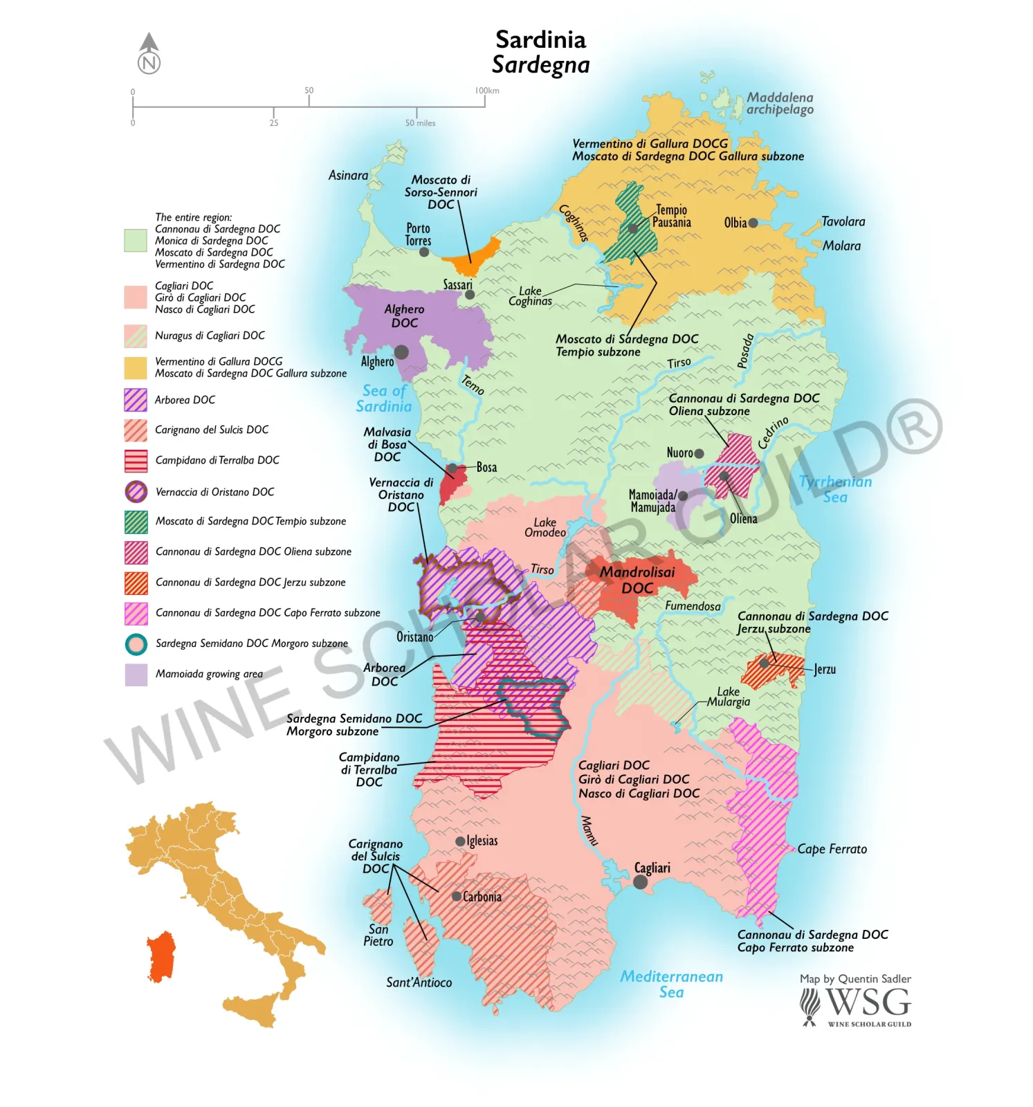 Sardinia Wine Map by Wine Scholar Guild Sardinia wine map showing vineyards and appellations including Vermentino di Gallura, Cannonau di Sardegna, and Carignano del Sulcis.