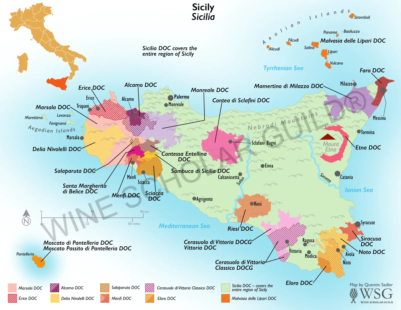 Sicily wine map highlighting vineyards and appellations including Etna, Marsala, Nero d’Avola, and Cerasuolo di Vittoria.