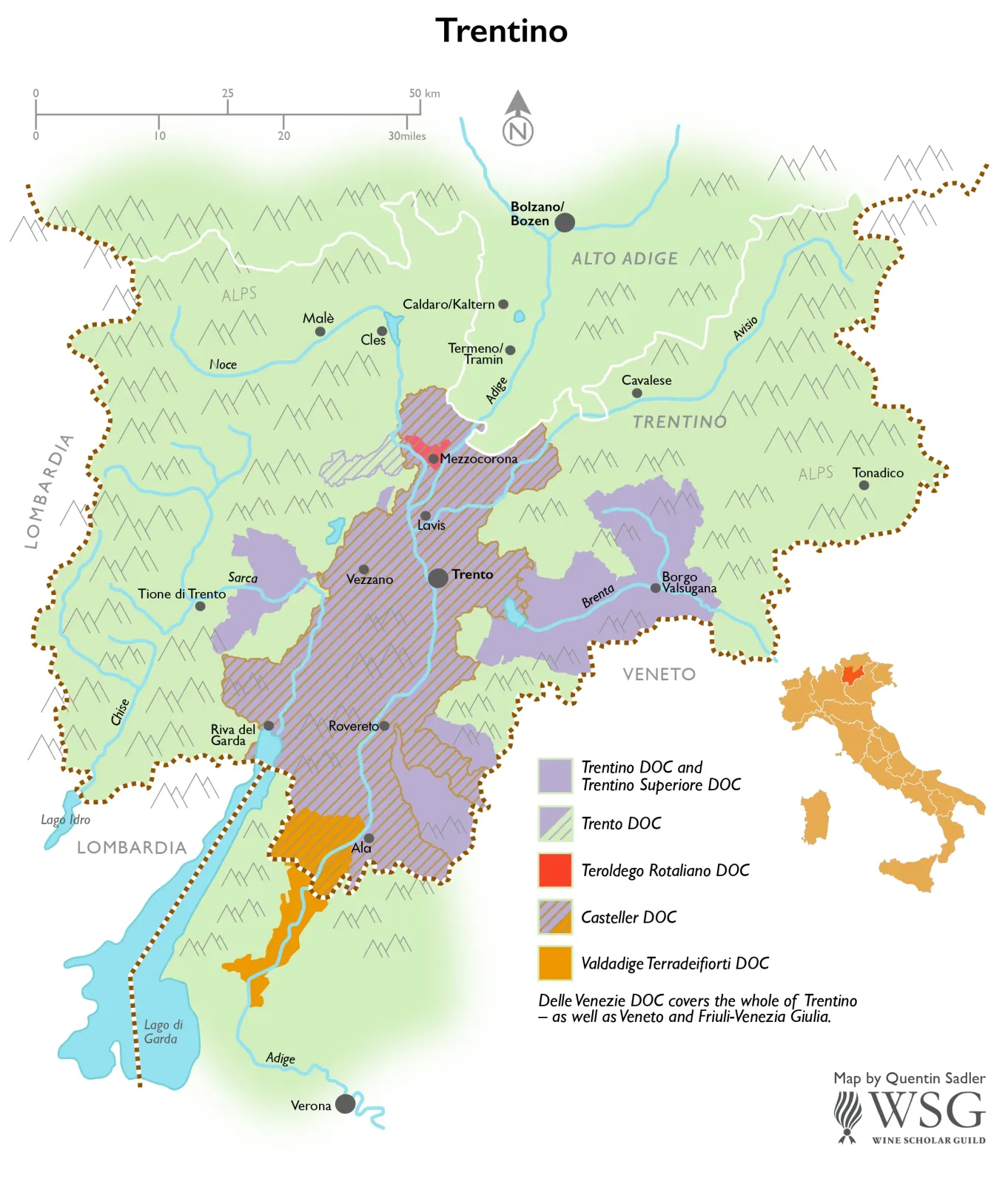Trentino wine map showing vineyards and appellations including Trento DOC, Teroldego Rotaliano, and Nosiola.