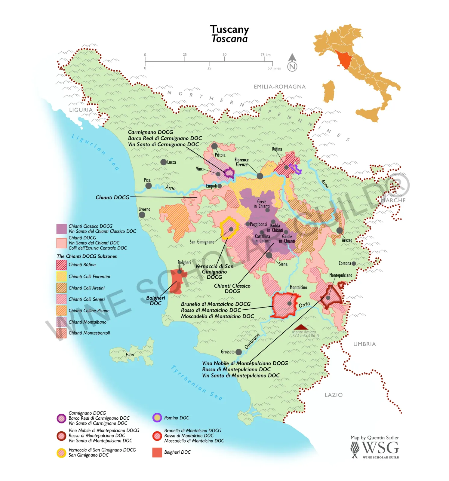 Tuscany wine map highlighting vineyards and appellations including Chianti Classico, Montalcino, Bolgheri, and Montepulciano.