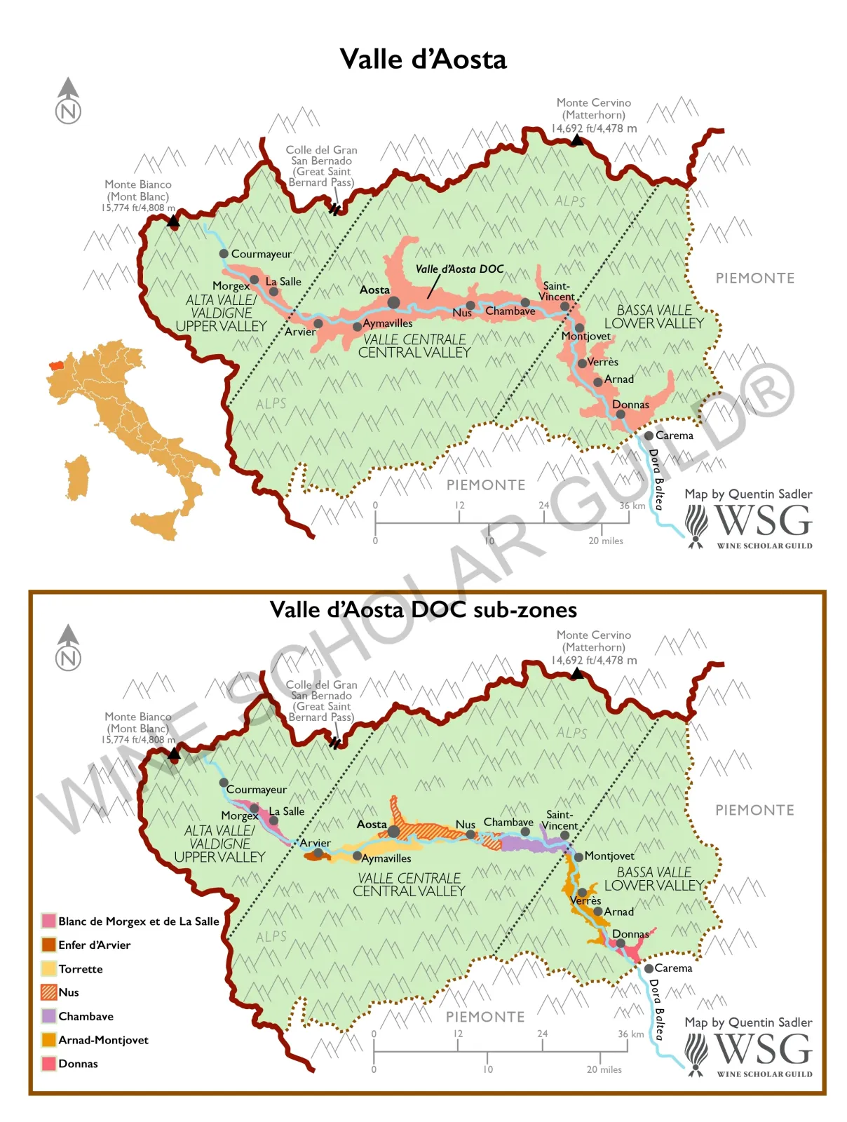 Valle d’Aosta wine map showing vineyards and appellations such as Enfer d’Arvier, Blanc de Morgex et de La Salle, and Torrette.