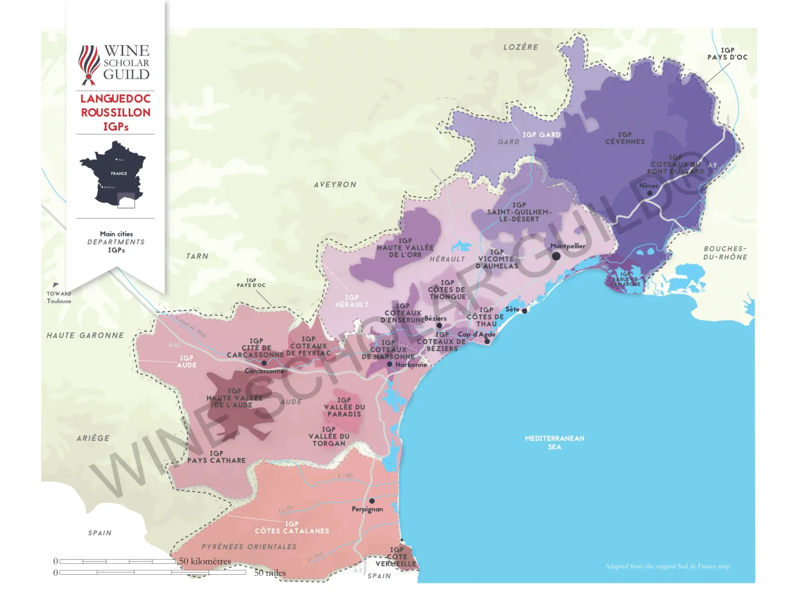 IGP Languedoc-Roussillon wine map showing vineyards and geographical wine indications across the Mediterranean coast.