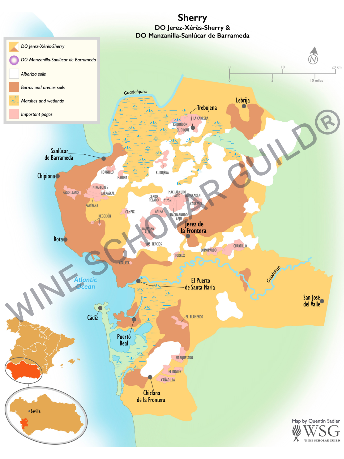 Sherry Wine Map (PDOs) by Wine Scholar Guild Sherry wine map showing vineyards and production zones for Jerez-Xérès-Sherry, Manzanilla Sanlúcar de Barrameda and related PDOs.