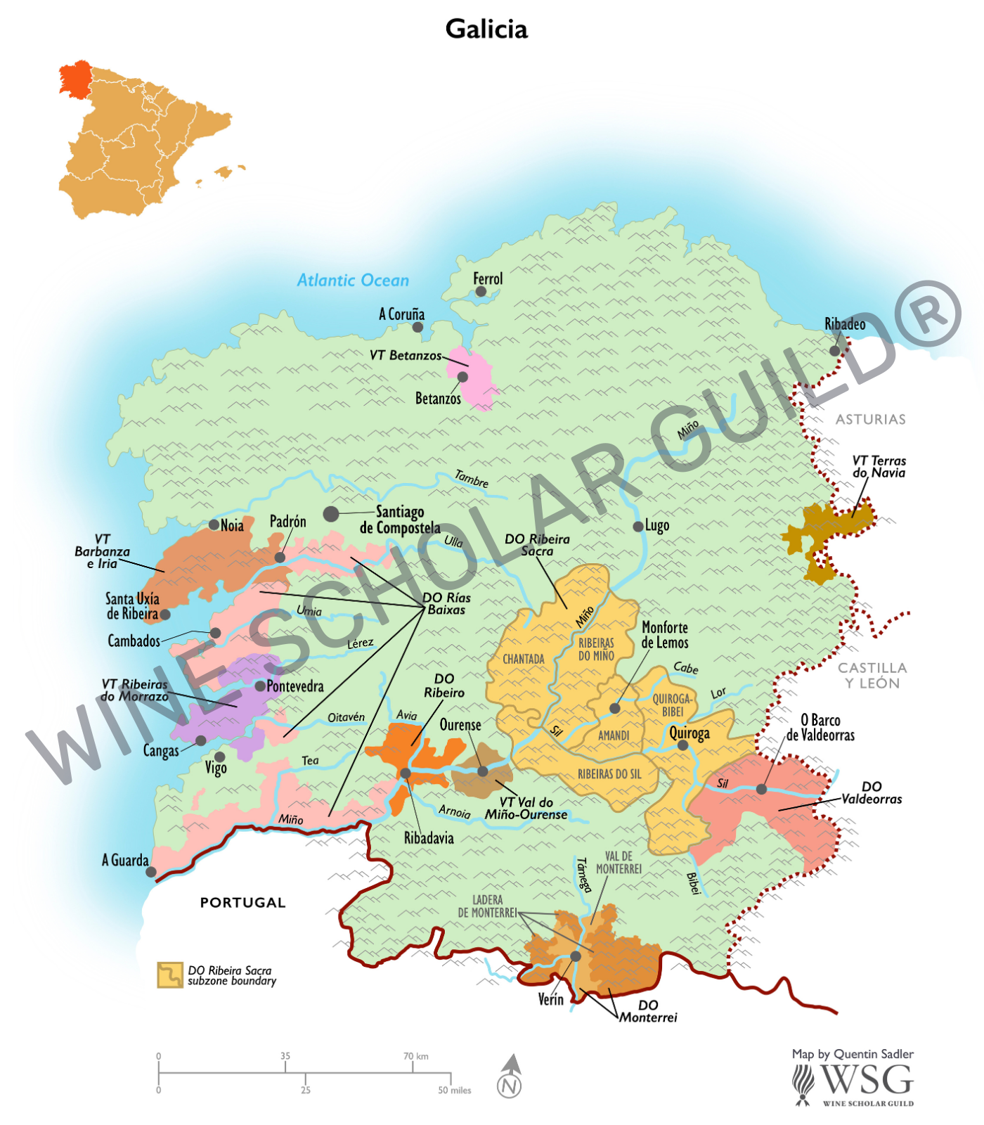 Galicia wine map highlighting vineyards and DO zones.
