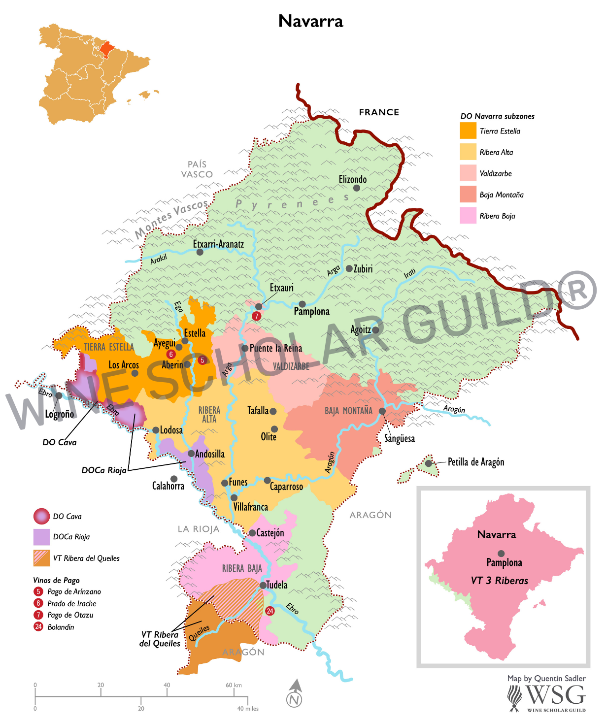 Navarra Wine Map by Wine Scholar Guild Navarra wine map showing vineyards and DO zones from the Pyrenees foothills to the Ebro Valley.