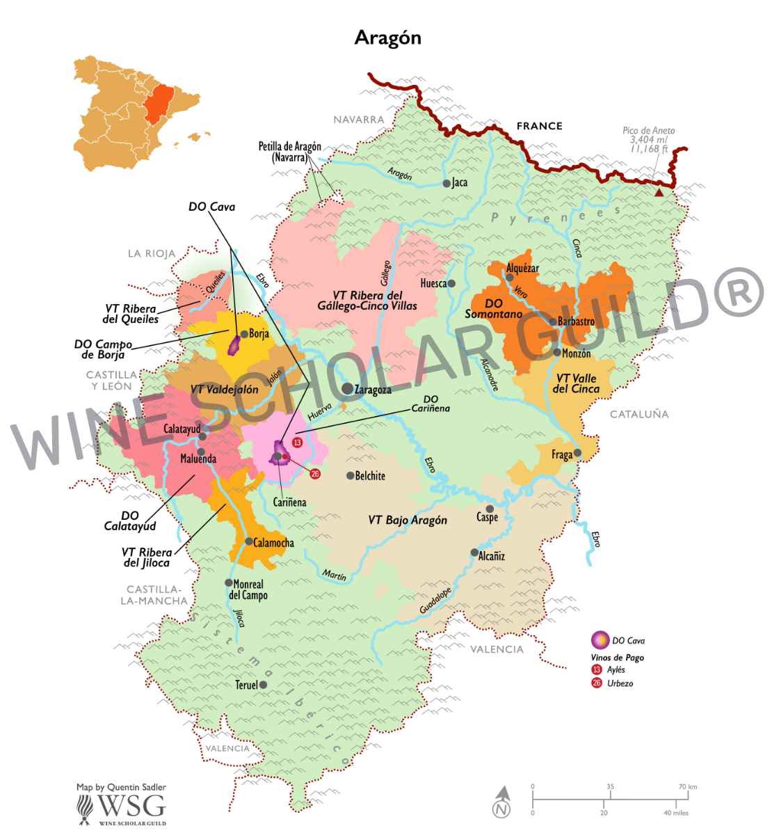 Aragón wine map showing vineyards and appellations such as Cariñena, Campo de Borja, Calatayud and Somontano.