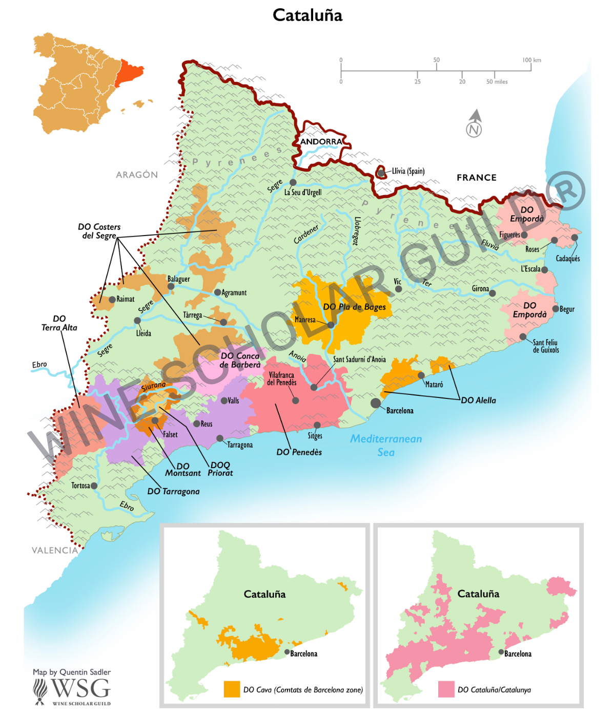 Cataluña wine map highlighting vineyards and DO/DOCa appellations such as Priorat, Montsant, Penedès, and Cava production areas.