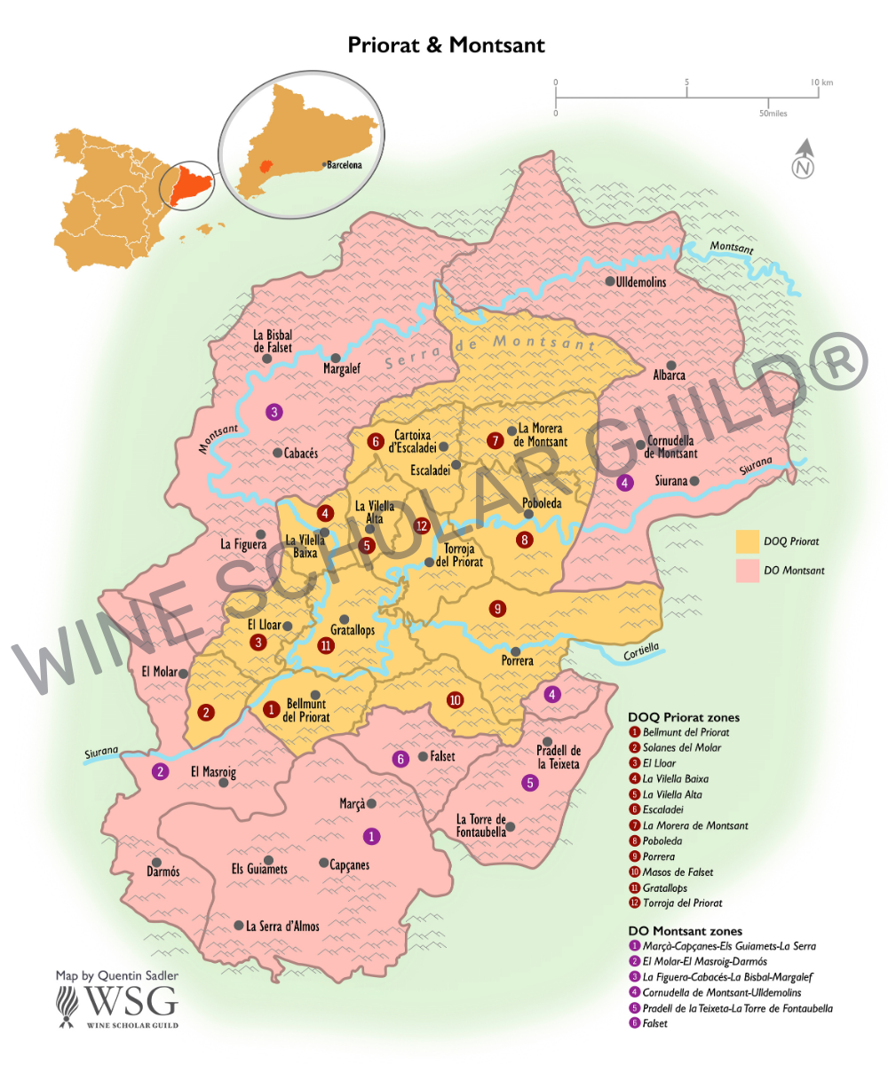 Priorat & Montsant Wine Map by Wine Scholar Guild Priorat and Montsant wine map highlighting vineyards and appellations including DOCa Priorat and DO Montsant.