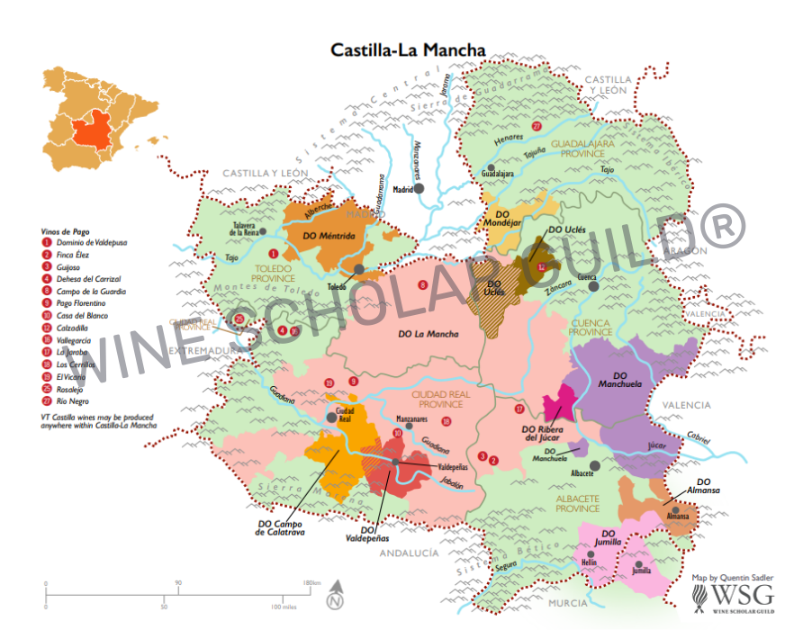 Meseta wine map showing vineyards and DO appellations including La Mancha, Valdepeñas, Almansa, Ribera del Guadiana, and Vinos de Madrid.