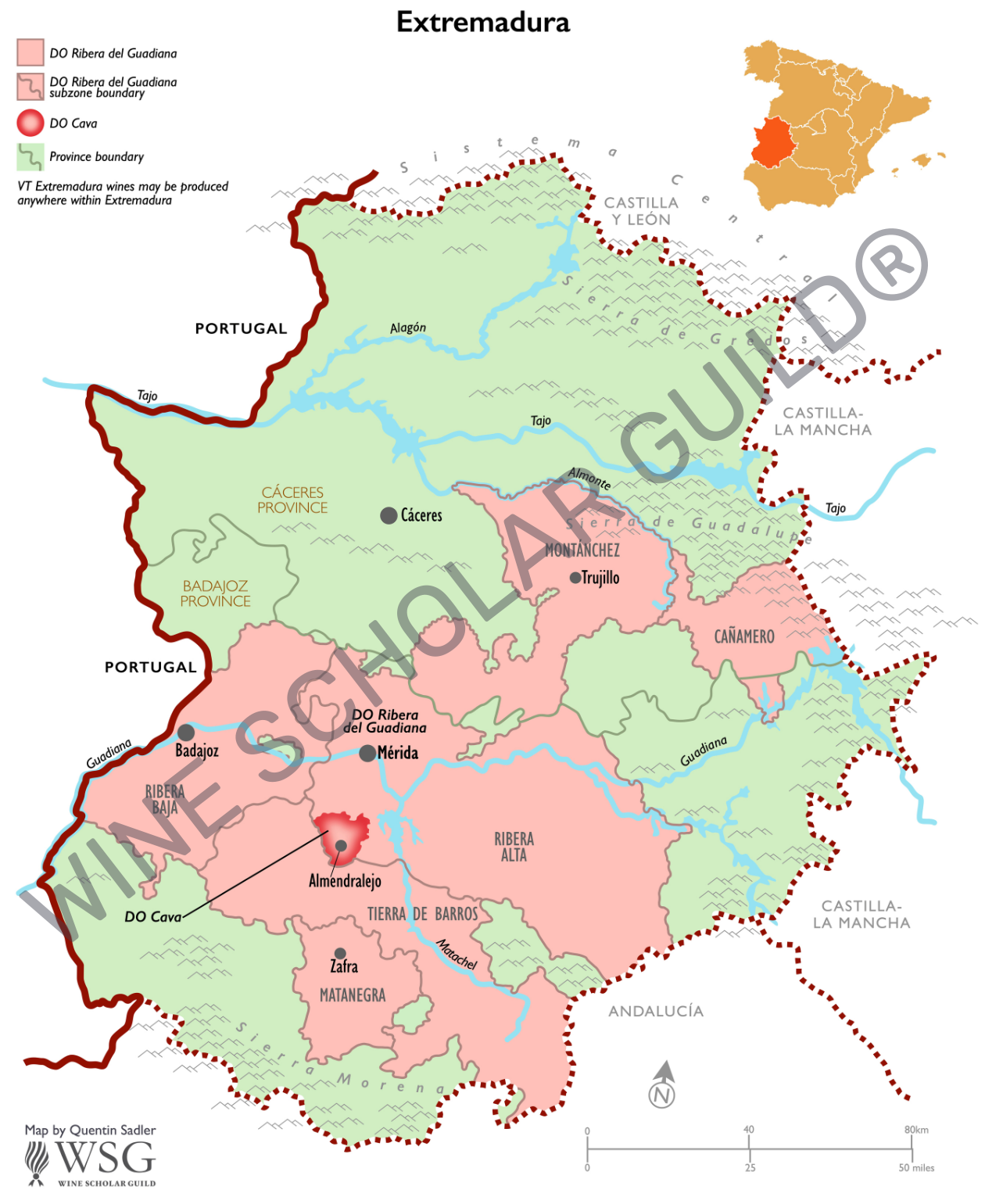 Map of Extremadura displaying wine regions and appellations in western Spain.