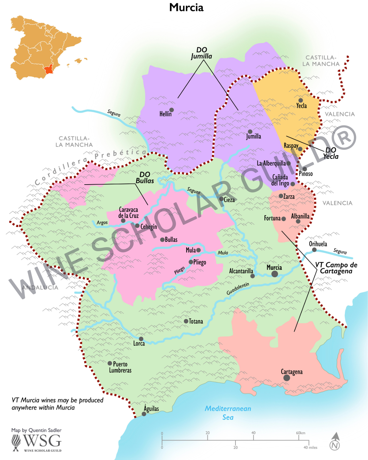 Map of the Murcia wine region illustrating appellations and geographic context in southeastern Spain.