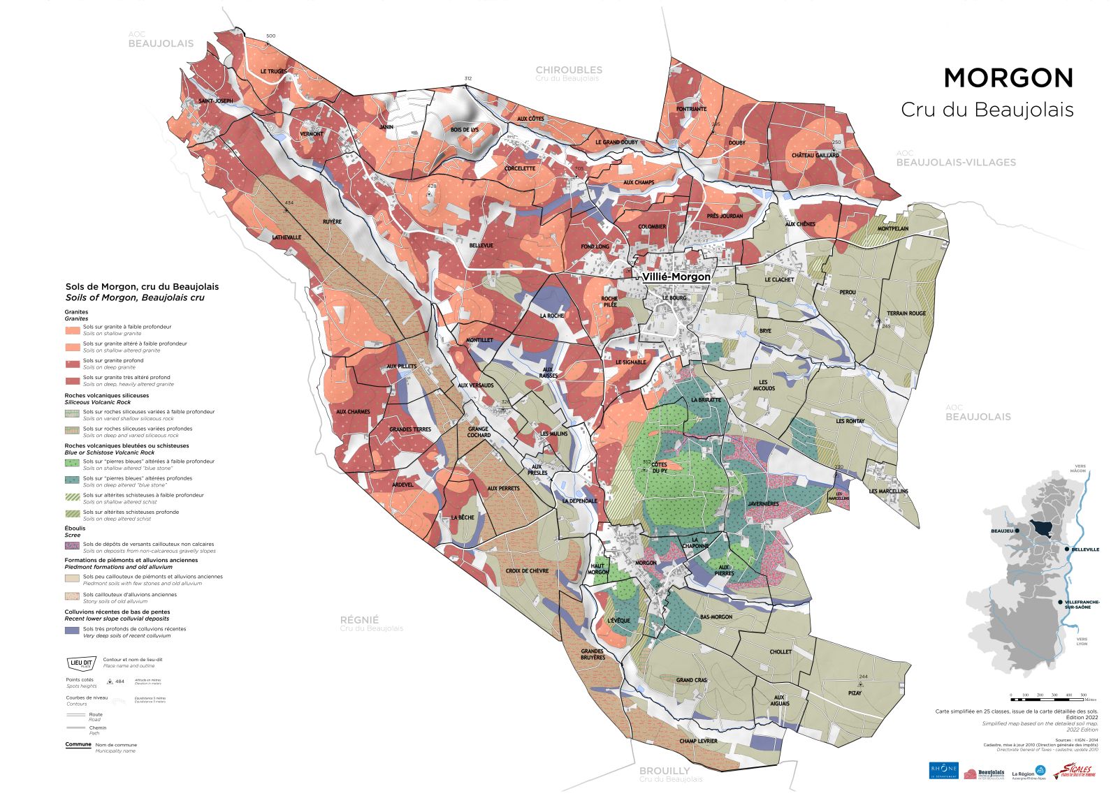 Soil map Detailed soil map of Morgon AOC vineyards in Beaujolais showing terroir diversity