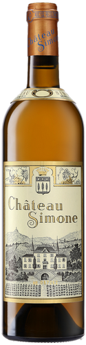 Bottle of Château Simone Palette blanc, showcasing this rare and historic Provencal white wine made from old-vine Clairette.