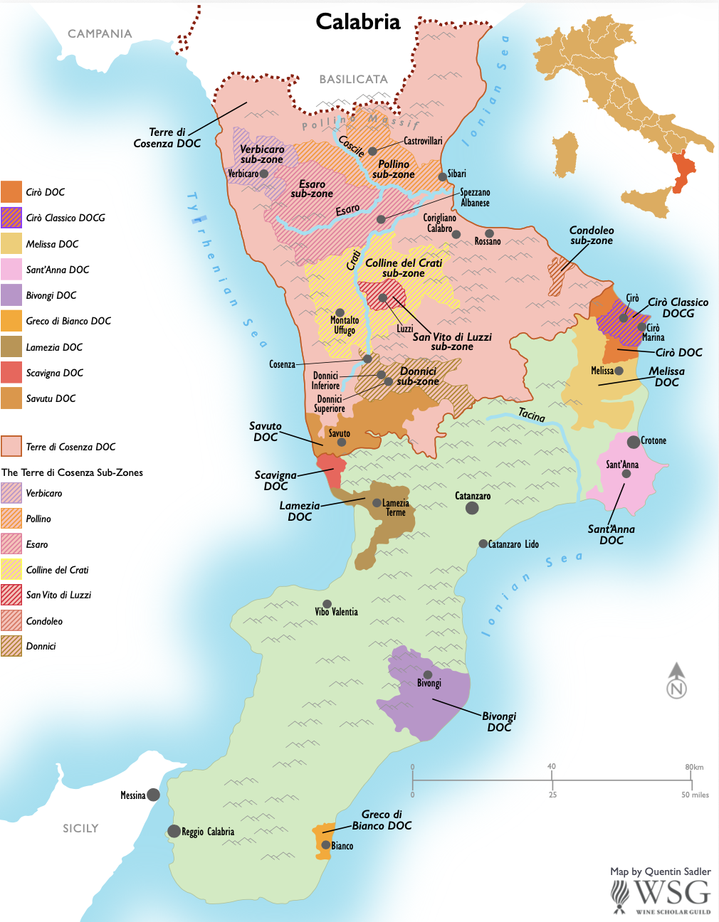 Detailed map of Calabria showing major wine regions, including Cirò, Greco di Bianco, Terre di Cosenza, and the Ionian and Tyrrhenian coastlines.