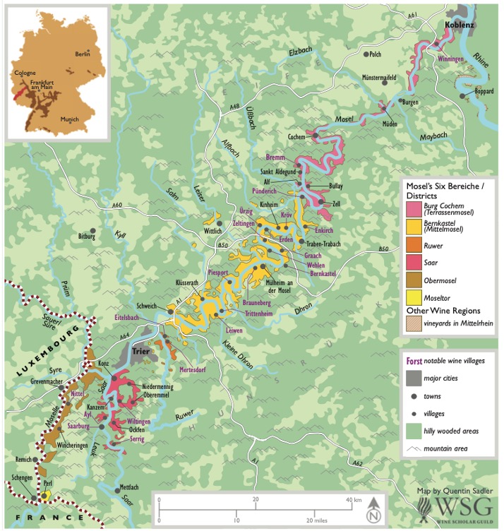 Mosel wine region map designed for wine education, showing appellations, vineyard areas and geographic features important to German Riesling.